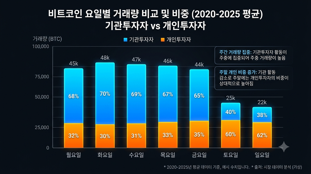 비트코인 요일별 거래량 차이를 나타내는 막대그래프, 2020~2025년 평균 기준, 기관 vs 리테일 비중 비교 인포그래픽