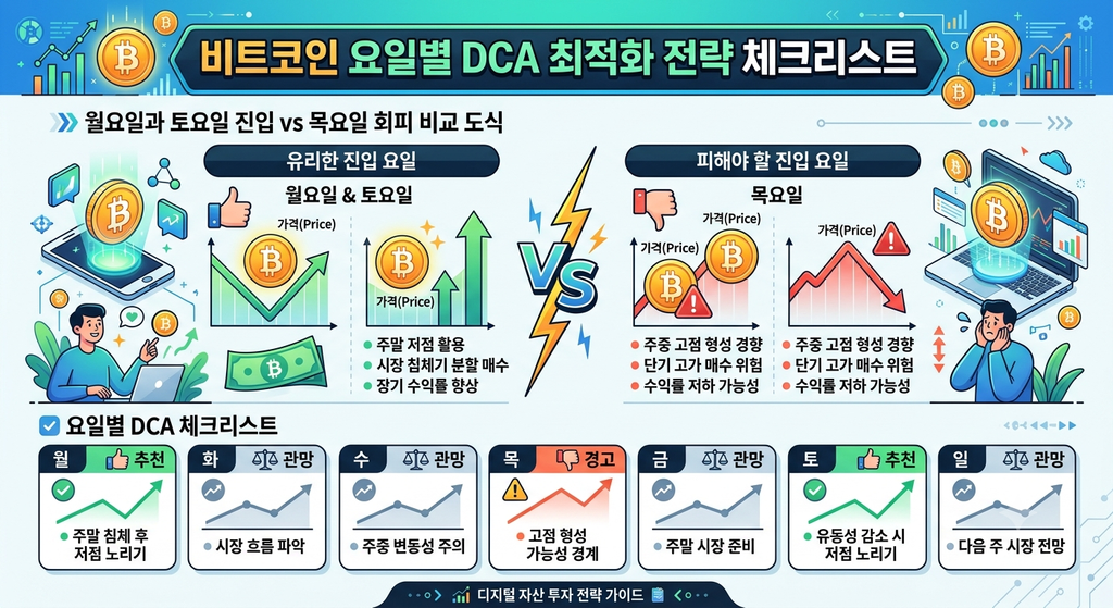 비트코인 요일별 DCA 최적화 전략 체크리스트 인포그래픽, 월요일과 토요일 진입 vs 목요일 회피 비교 도식
