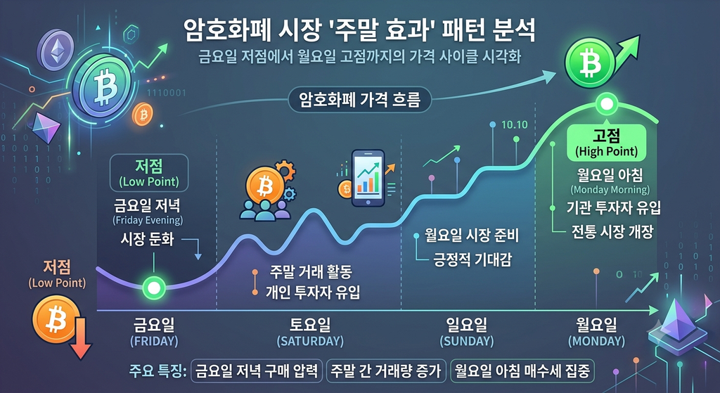 주말 효과 패턴을 나타내는 암호화폐 가격 흐름 다이어그램, 금요일 저점에서 월요일 고점