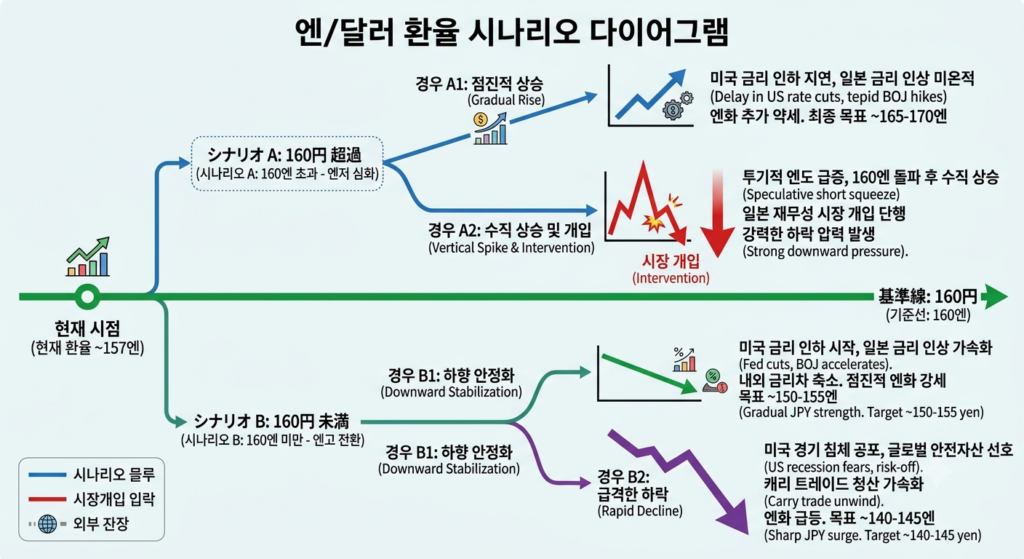 160엔을 기준선으로 표시한 엔/달러 시나리오 다이어그램