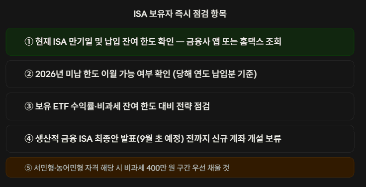 ISA 개편안 철회 이후 보유자가 즉시 점검해야 할 5가지 행동 항목을 색상으로 우선순위를 구분한 체크리스트 인포그래픽