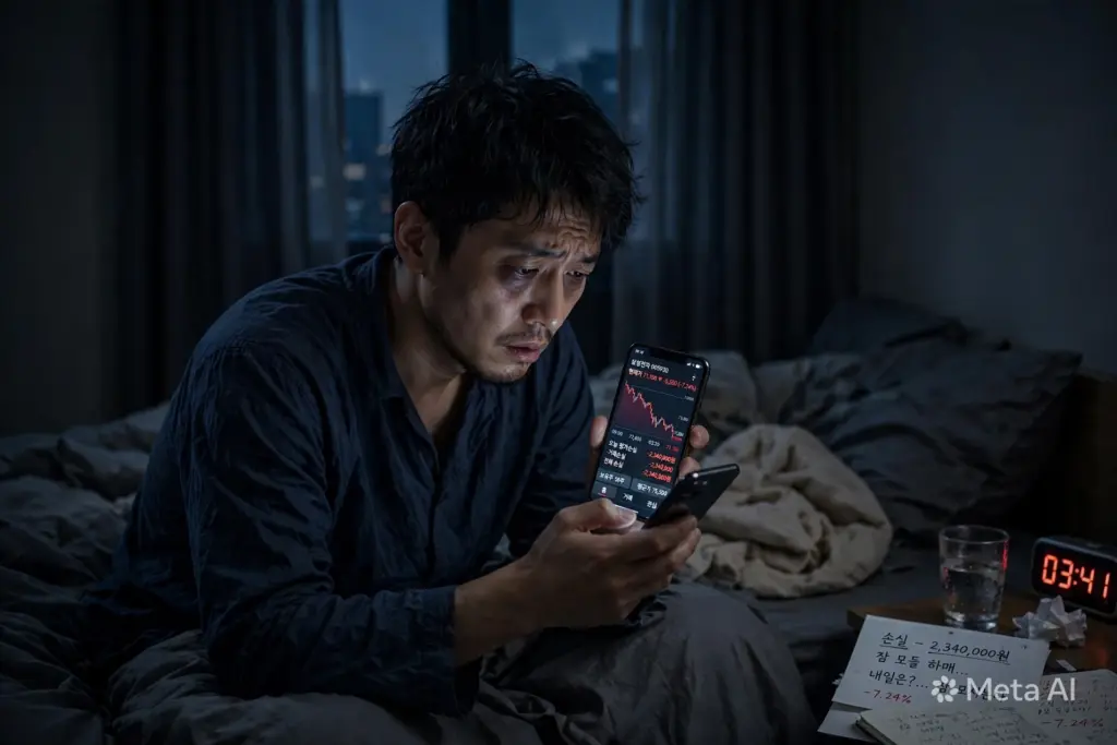 30대 직장인이 새벽 시간 침실에서 스마트폰으로 주식 차트를 확인하며 불안해하는 모습, 손실 이후 불면증을 겪는 장면