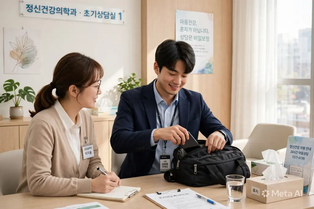 20대 직장인이 정신건강의학과 대기실에서 상담 순서를 기다리며 스마트폰을 내려놓는 모습, 초기 상담을 받는 장면