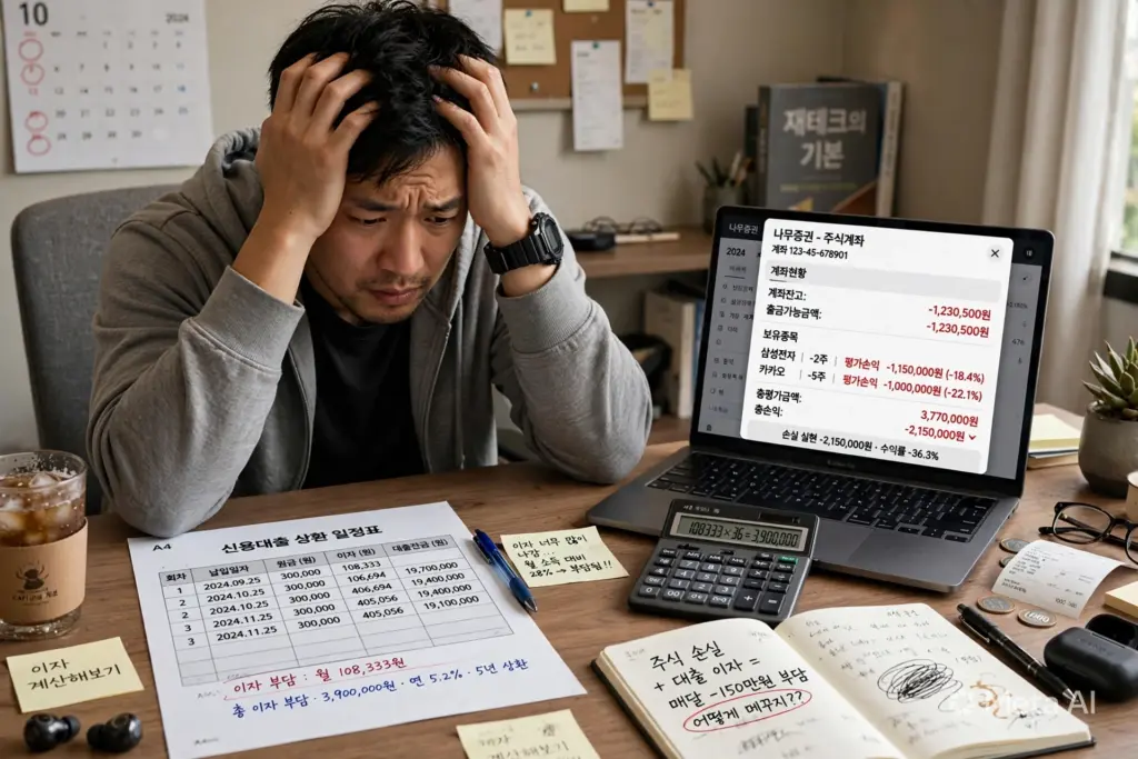 신용대출 상환 일정표와 주식 계좌 잔고를 나란히 놓고 비교하는 30대 투자자의 책상, 이자 부담을 계산하는 장면