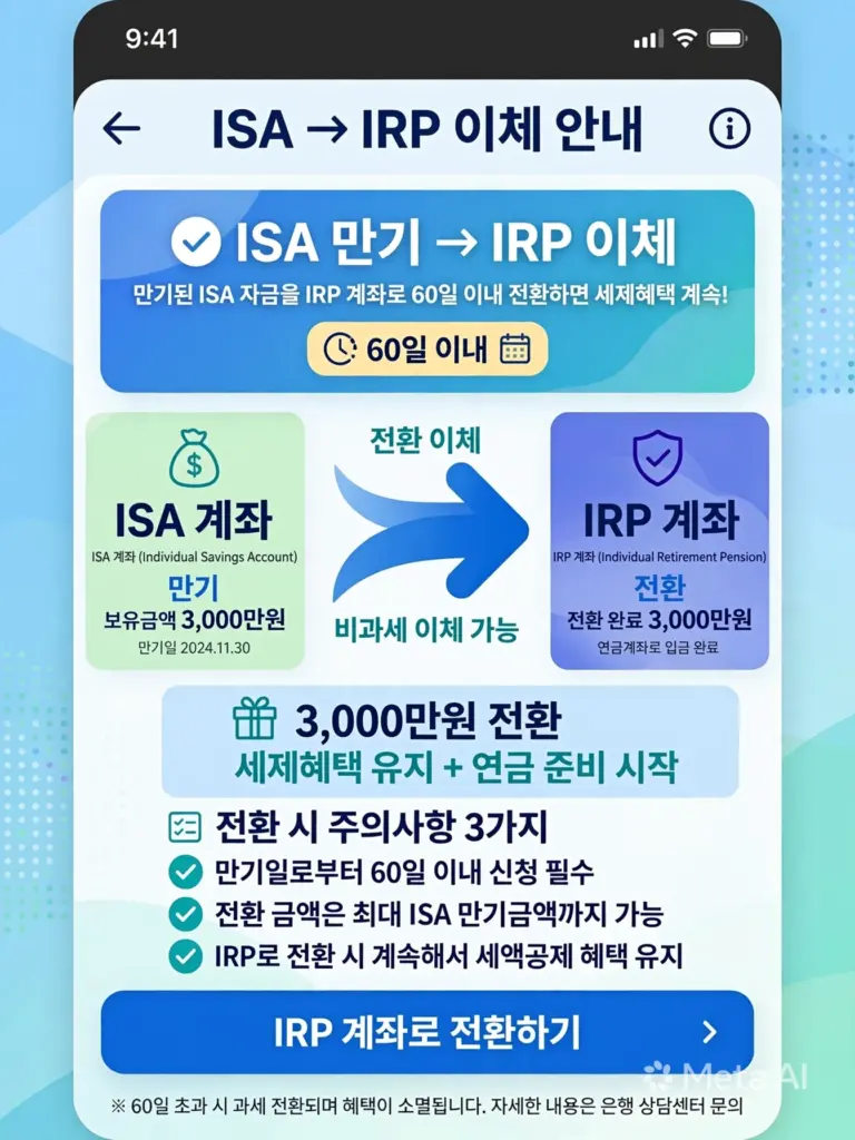 ISA 만기 자금을 IRP 계좌로 60일 이내 이체하는 화면, 3천만원 전환 기준
