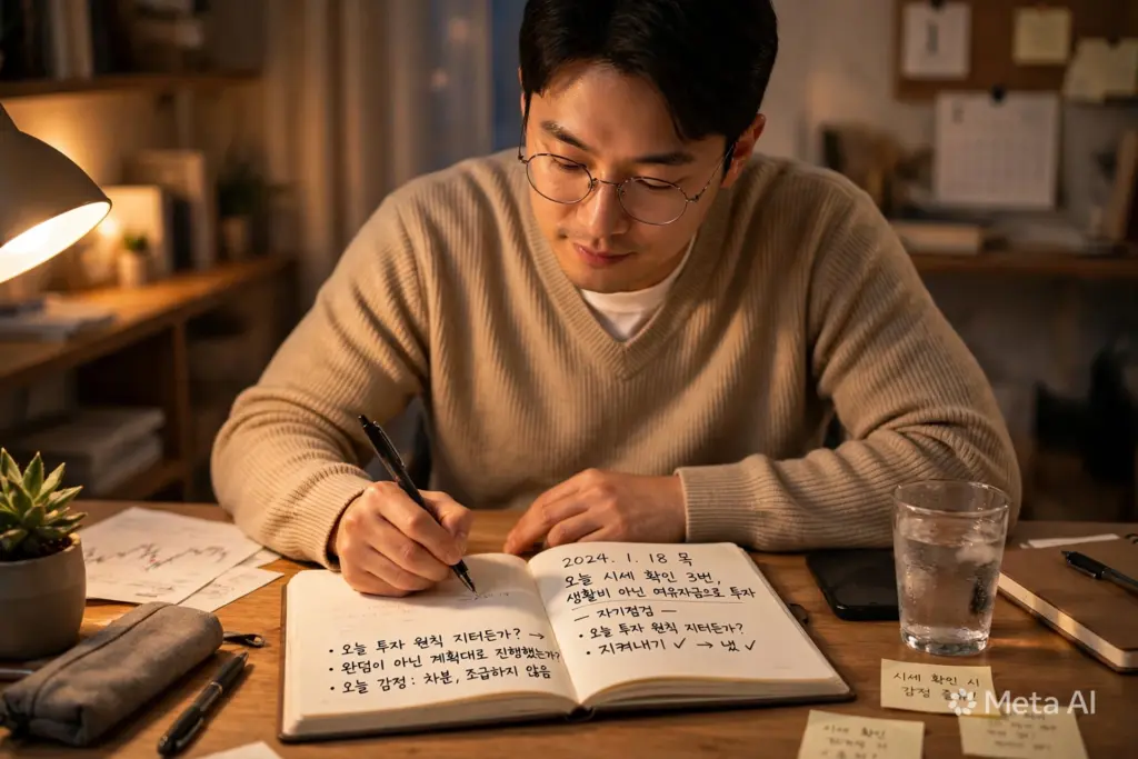 투자자가 다이어리에 하루 시세 확인 횟수와 투자금 성격을 직접 기록하며 자기점검하는 모습, 책상 위 노트와 펜