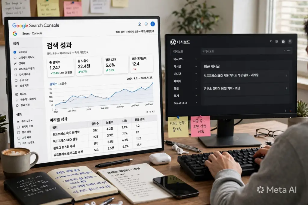 Google Search Console에서 워드프레스 블로그의 검색 노출과 클릭 데이터를 확인하며 콘텐츠 방향을 분석하는 운영 환경