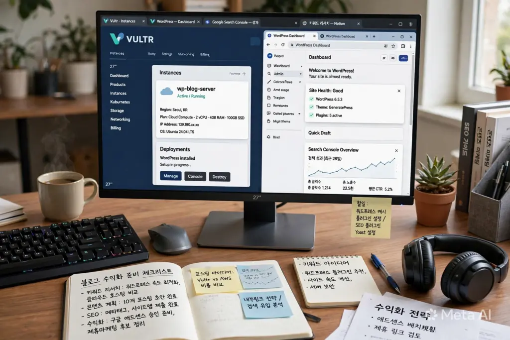 Vultr 서버에서 워드프레스를 구축하고 검색 유입을 통해 블로그 수익화를 준비하는 데스크톱 작업 환경