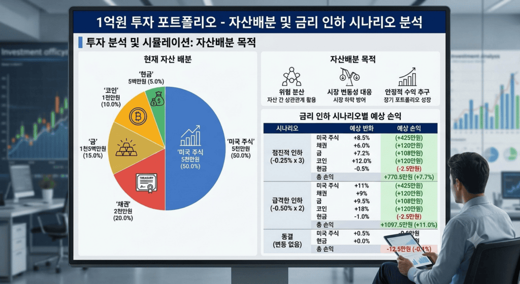 1억원 투자 포트폴리오에서 미국 주식 5천만원과 채권·금·코인·현금을 배분해 금리 인하 시나리오별 예상 손익을 계산하는 장면, 자산배분 목적
