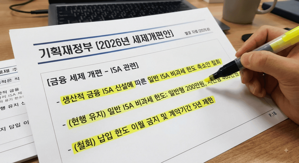 기획재정부 세제개편안 발표 자료에서 ISA 관련 조항 변경 내용을 형광펜으로 표시한 화면, 2026년 8월 철회 항목 확인 목적