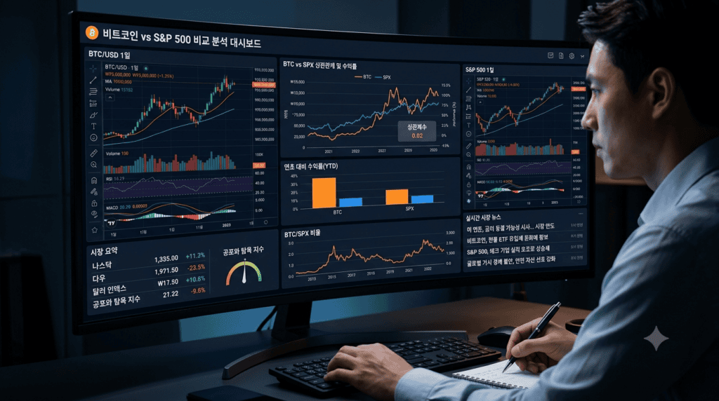 뉴스와 차트를 함께 보며 비트코인과 S&P500 흐름을 비교 분석하는 투자자의 모니터 화면