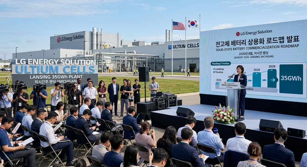 미시간주 랜싱 LG에너지솔루션 35GWh 배터리 공장 현장에서 기자간담회를 진행하는 장면, 2026년 8월 전고체 배터리 상용화 로드맵 발표 목적