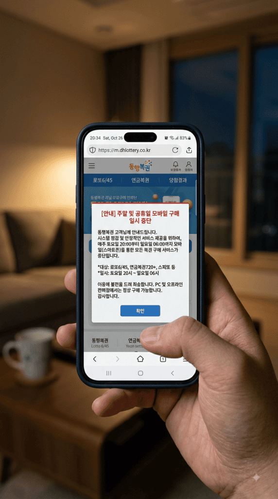 토요일 저녁 모바일 브라우저로 동행복권 접속 시 주말 판매 중단 안내 문구가 뜨는 화면, 모바일 구매 시간 제한 확인 목적