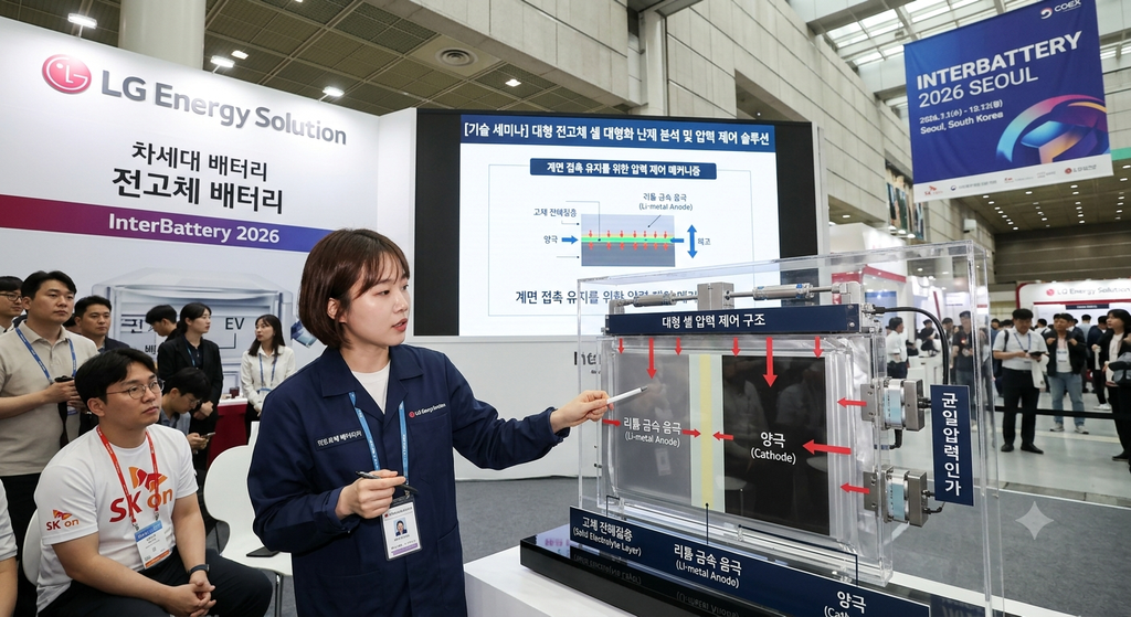 서울 코엑스 인터배터리 전시회에서 LG에너지솔루션 연구원이 대형 전고체 셀의 압력 제어 구조를 설명하는 장면, 2026년 3월 셀 대형화 난제 분석 목적