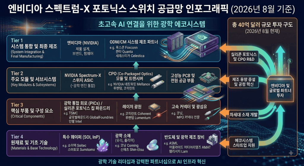 엔비디아 스펙트럼-X 포토닉스 스위치 공급망 구조를 티어별로 정리한 인포그래픽, 2026년 8월 기준 40억 달러 규모 투자 구도 표시 목적