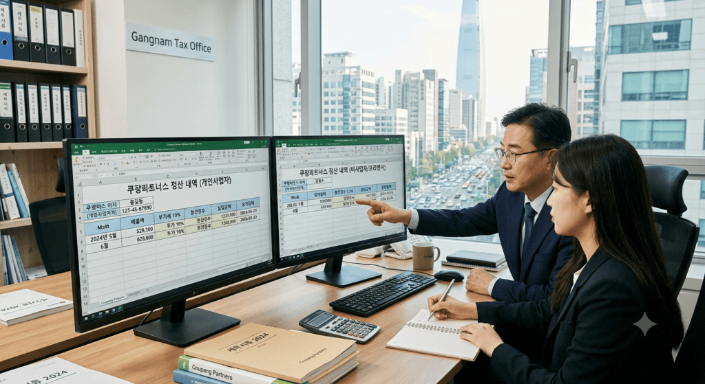 서울 강남구 세무사 사무실에서 개인사업자와 비사업자 간 쿠팡파트너스 정산 입금 명세서를 비교 검토하는 컴퓨터 화면