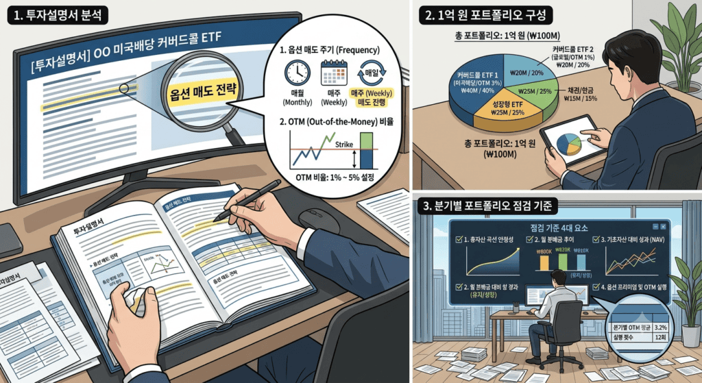 커버드콜 ETF 투자설명서에서 옵션 매도 주기와 OTM 비율을 확인하는 장면, 1억 원 포트폴리오 점검 기준