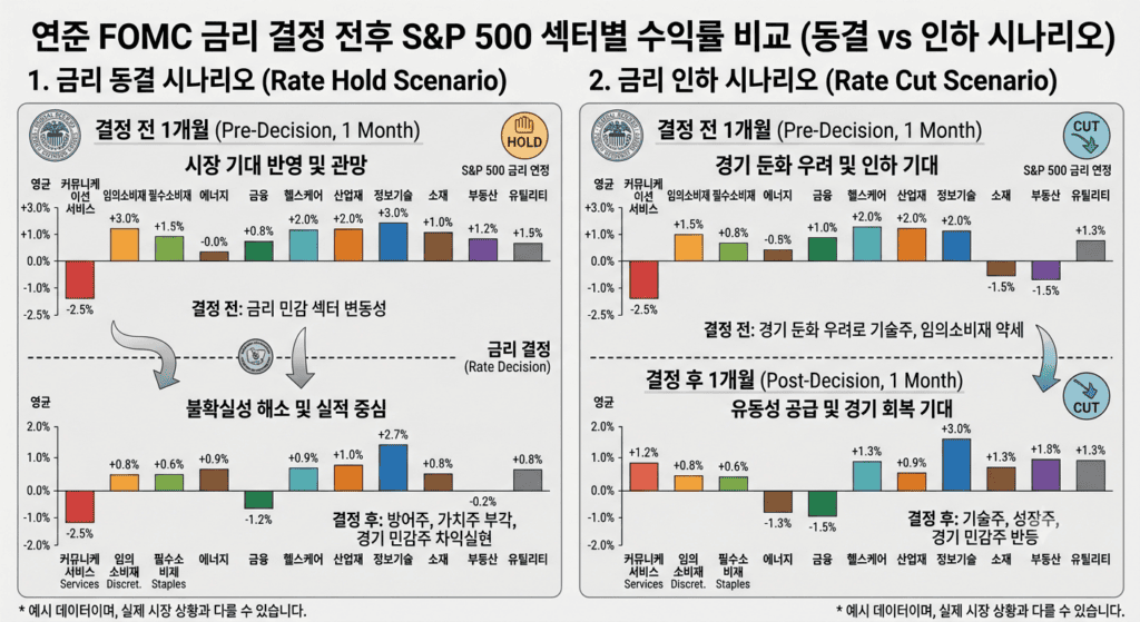 연준 FOMC 금리 결정 전후 S&P500 섹터별 수익률 비교 차트, 동결 vs 인하 시나리오 기준