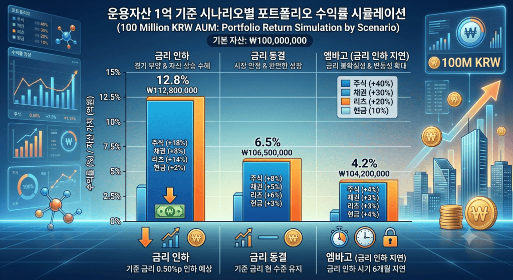 운용자산 1억 기준 금리 인하·동결·엠바고 시나리오별 포트폴리오 수익률 시뮬레이션 막대그래프